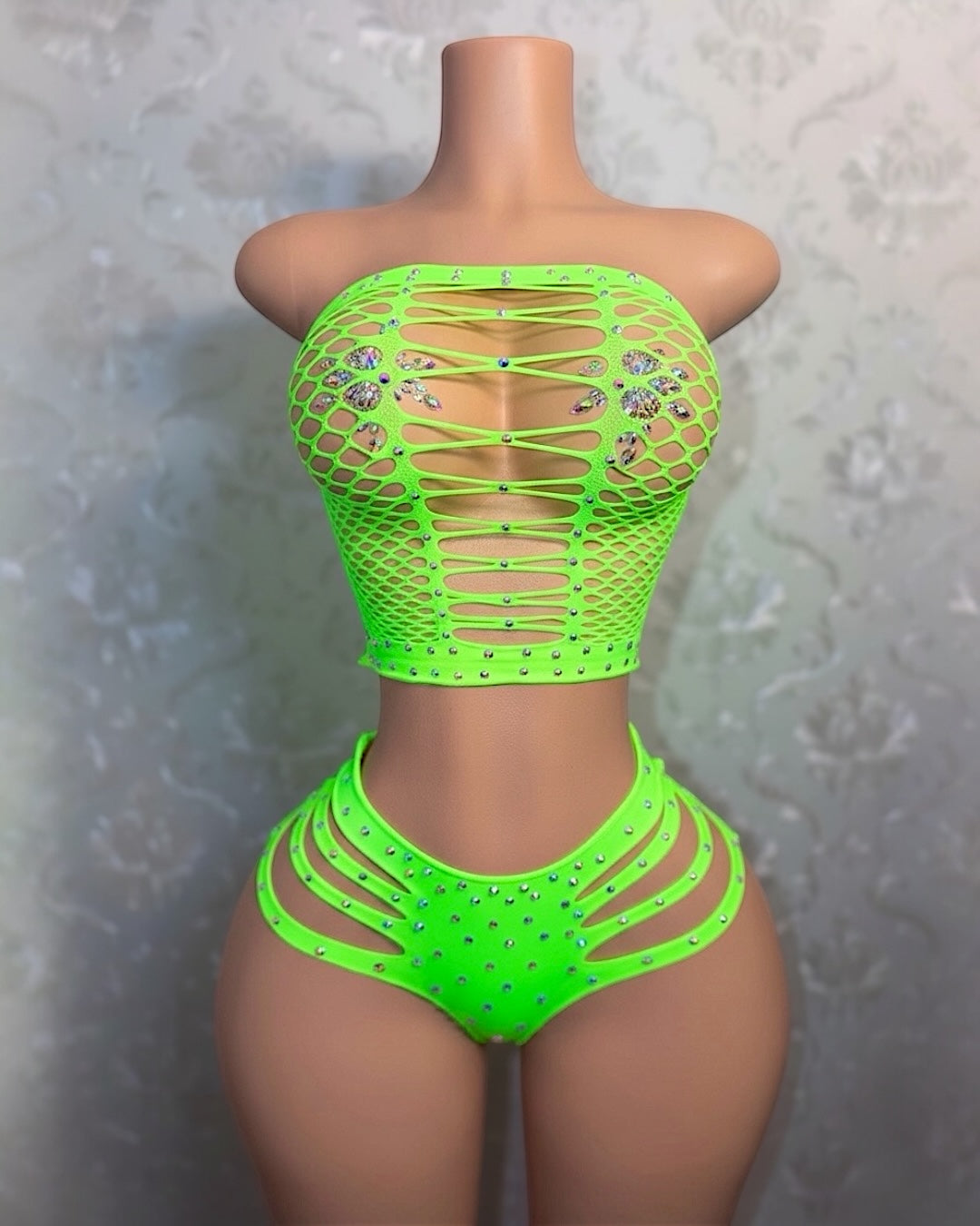 Natina Extra Rhinestones 2 Piece Cheeky Fishnet Set Fits All