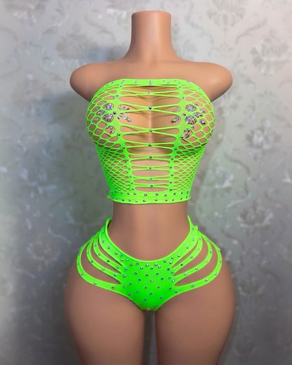 Natina Extra Rhinestones 2 Piece Cheeky Fishnet Set Fits All