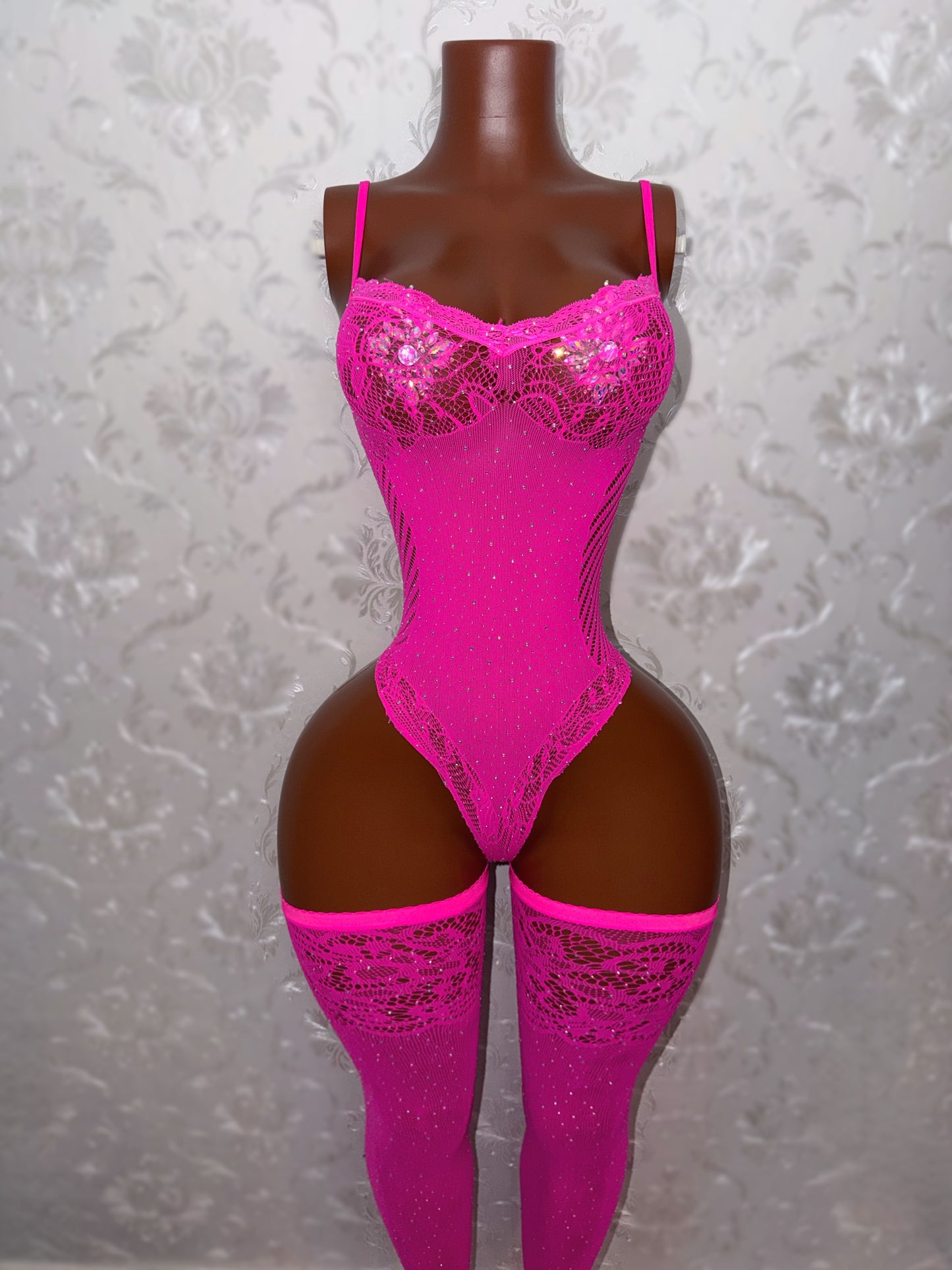Crystal Baller Rhinestone Fishnet Bodysuit with Thigh Highs Set Fits XS-XL