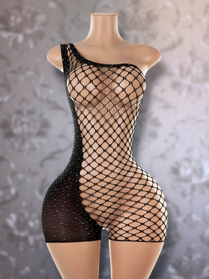 Holiday Bedazzled Romper Asymmetrical Fishnet Fits XS-L