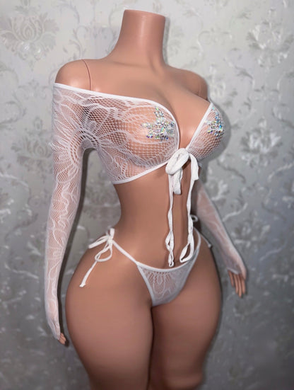 Venus Fishnet Criss Crossed Long Sleeve Top and Thong Fits XS-L