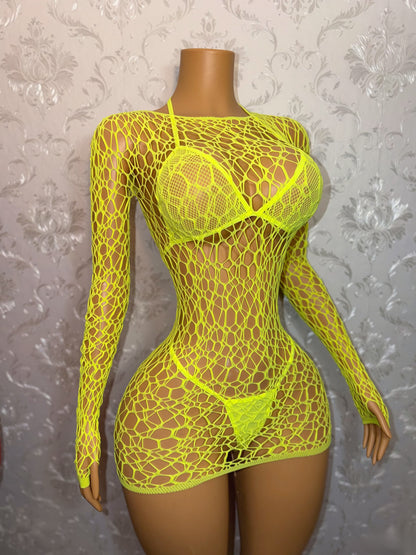 Electra 3 Piece Fishnet Dress and Bikini Set Fits XS-L