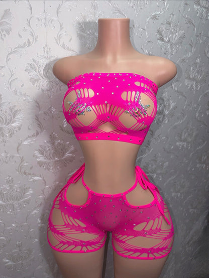 Xtina Rhinestone Cutout Fishnet Shorts Set Fits M
