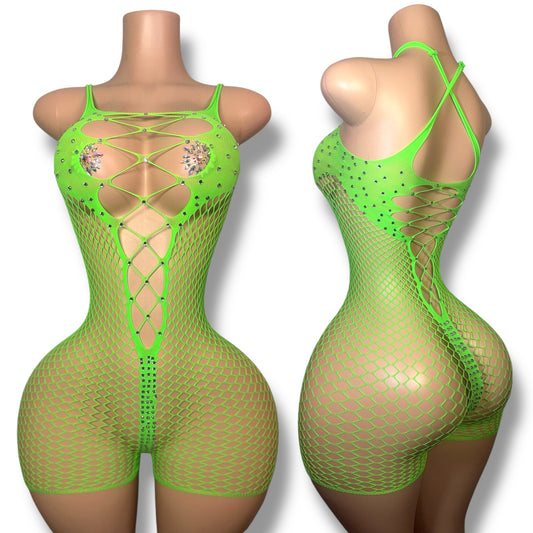 Divine Rhinestone Fishnet Romper Fits XS-L