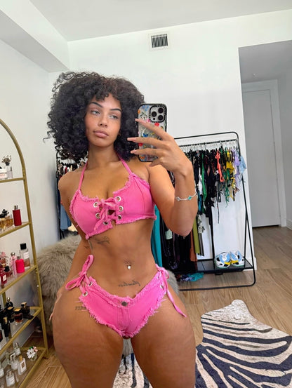 Amirah- 2 Piece Distressed Ultra Mini Denim Shorts Set