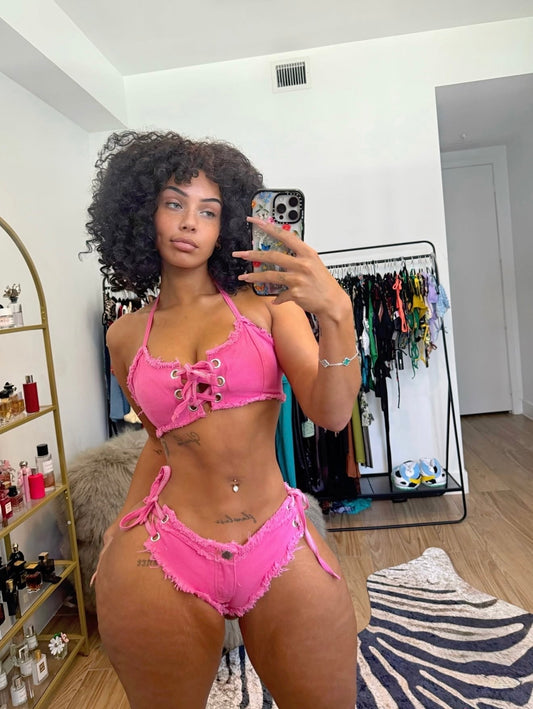 Amirah- 2 Piece Distressed Ultra Mini Denim Shorts Set