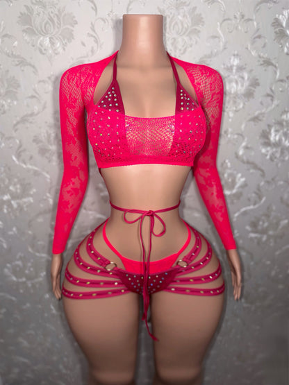 Georgia Peach Kawaii Fishnet 4 Piece Shorts Set Fits XS-M