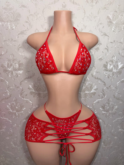 K Barker Lace Skirt Set With Rhinestones Fits XS-L