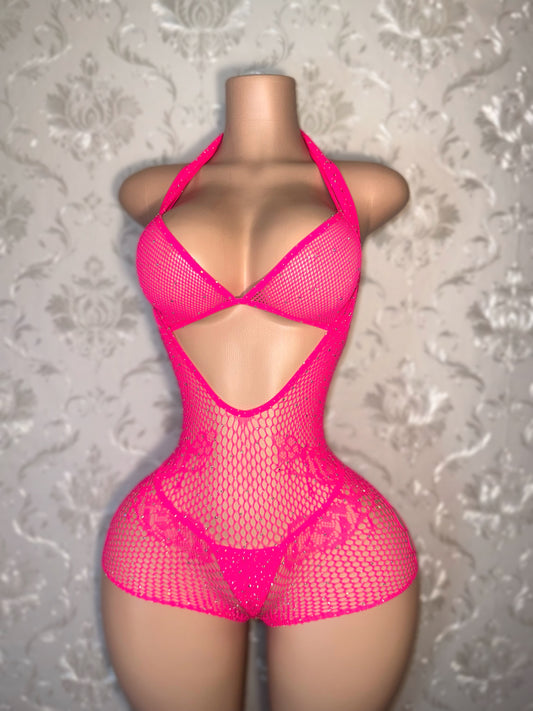 Mean Girl Rhinestone 3 Piece Fishnet Romper Bikini Set