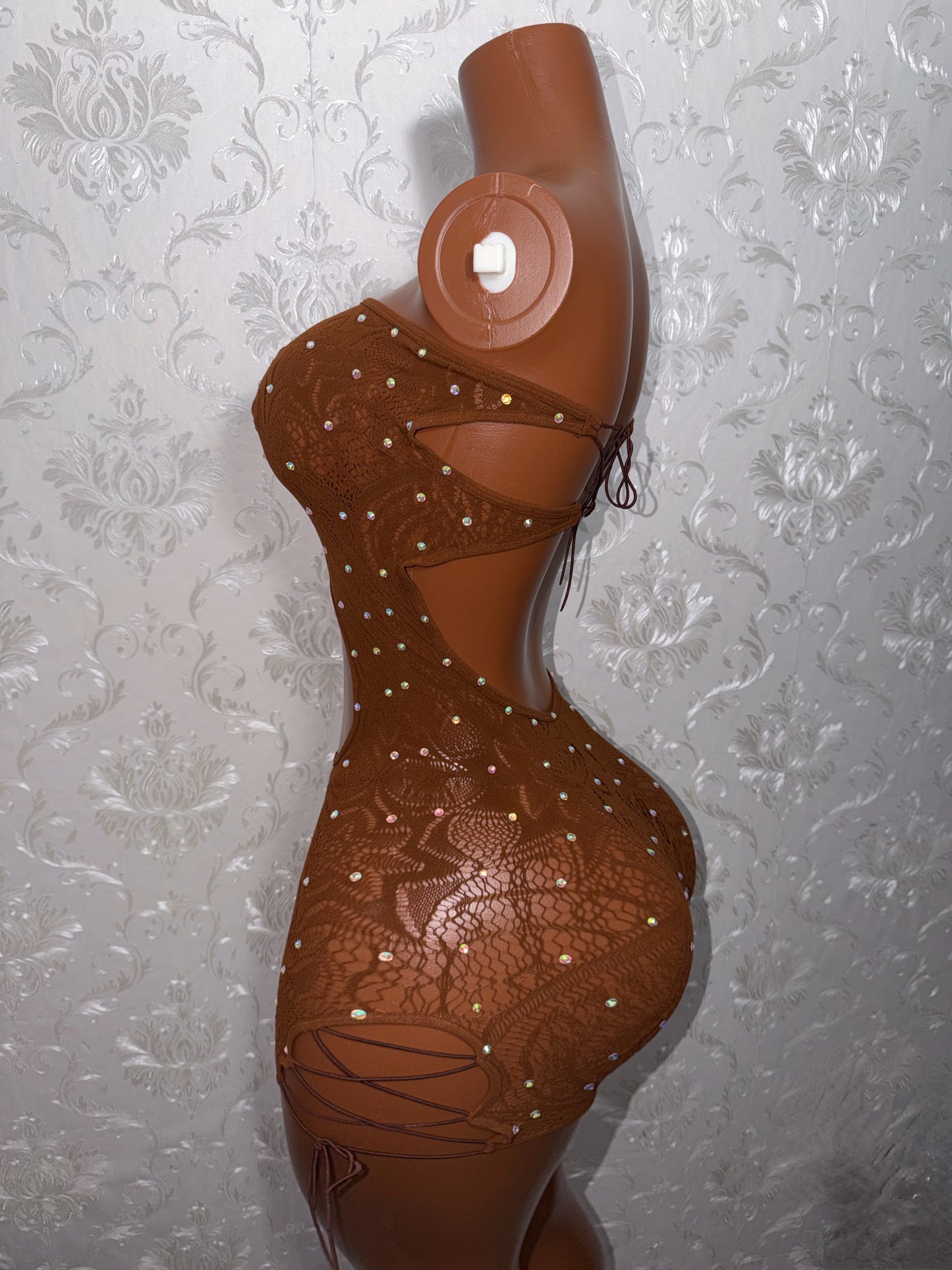 Mocha Brown Lace Fishnet Romper Set with Thong Fits Curvy M-XXL
