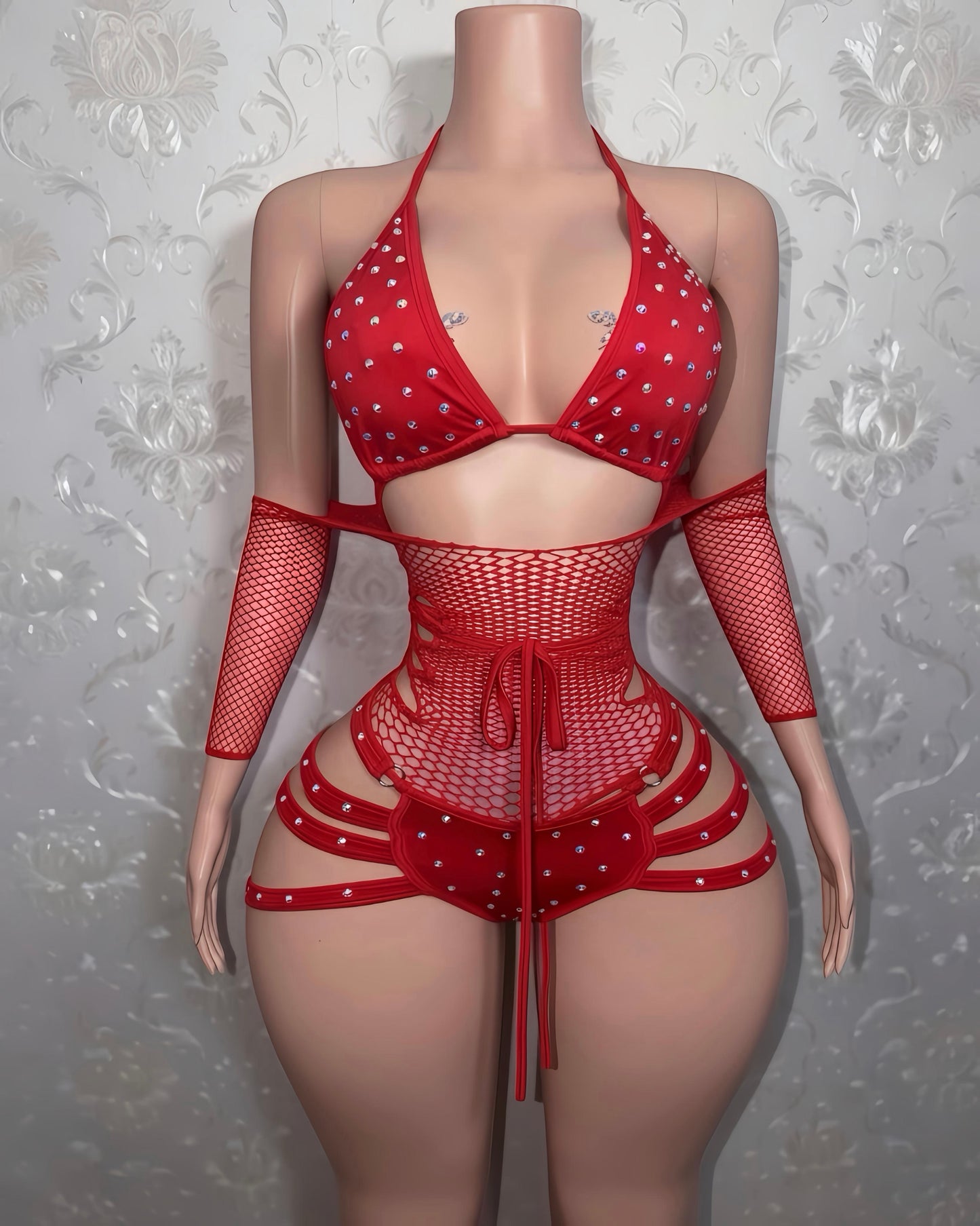 Georgia Peach 2.0 + Teyana Fishnet Dress 3 Piece Set Fits S-M
