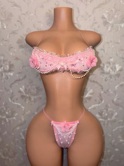 Paris Velour Ruffle Lace Trim Bandeau Bikini Set