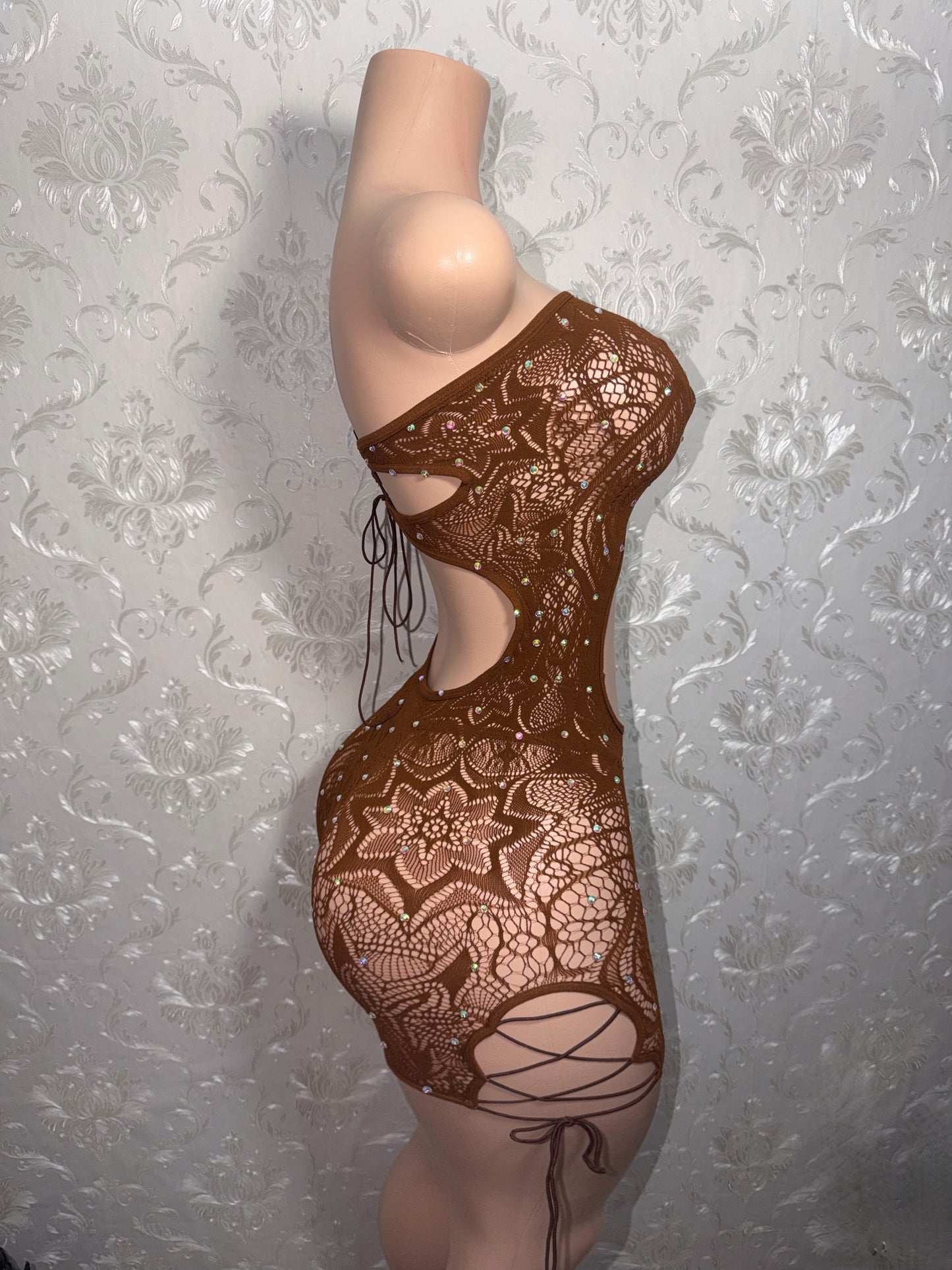 Mocha Brown Lace Fishnet Romper Set with Thong Fits Curvy M-XXL