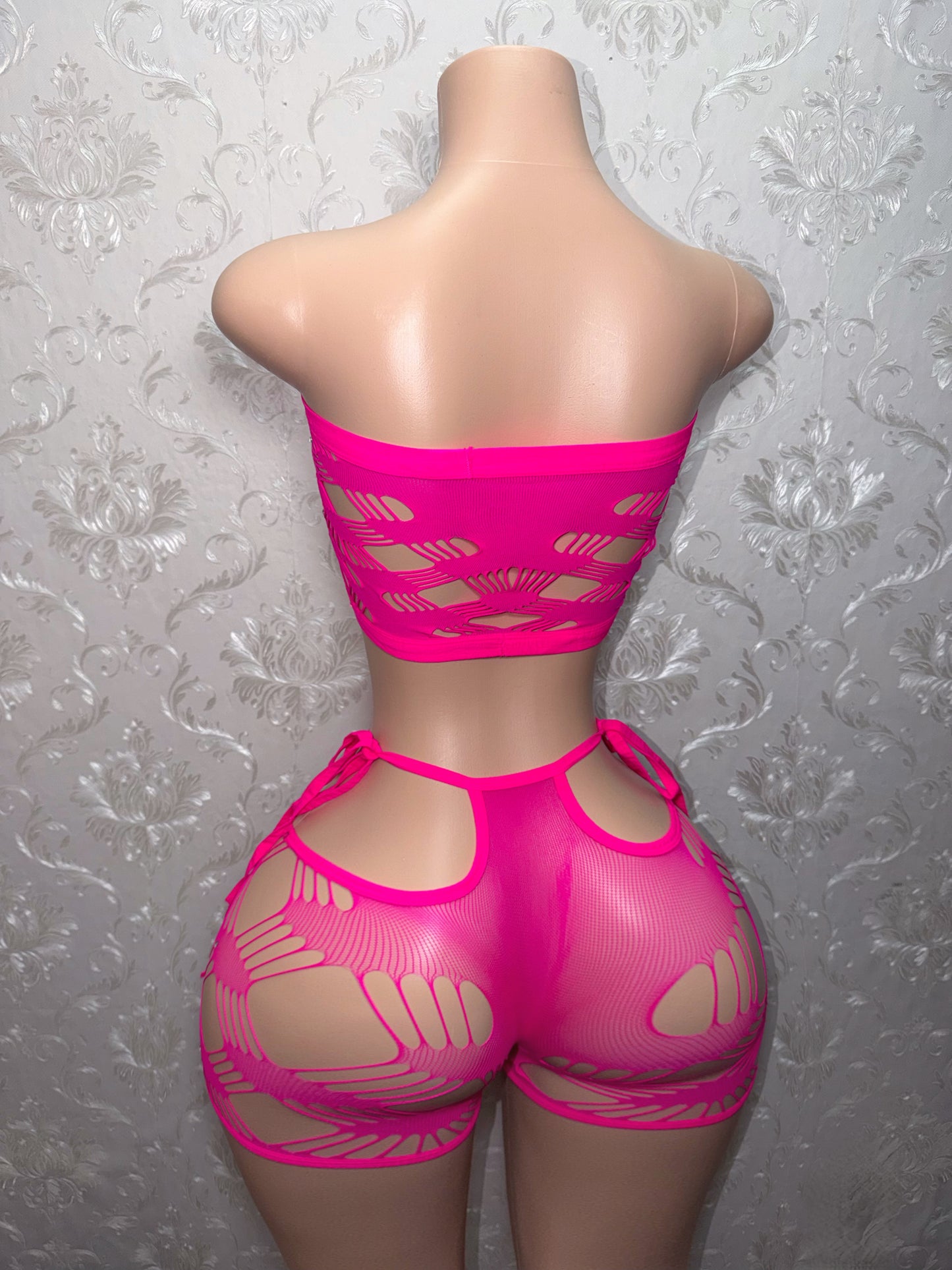 Xtina Rhinestone Cutout Fishnet Shorts Set Fits M