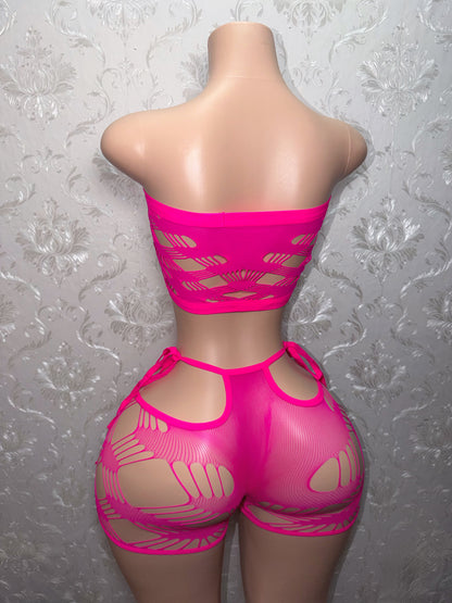 Xtina Rhinestone Cutout Fishnet Shorts Set Fits M