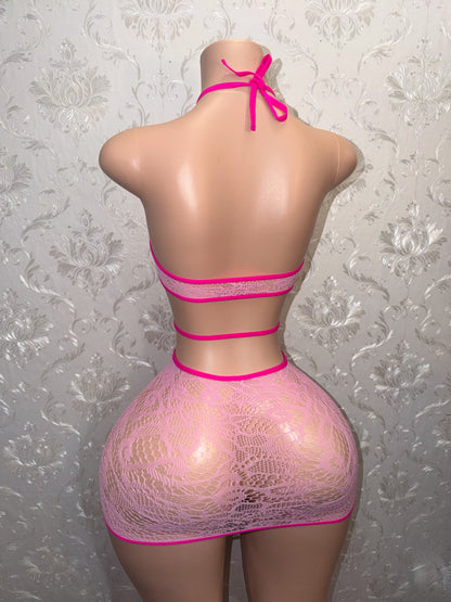 Cassie Baby Pink Two Tone Fishnet Lace Dress Fits XS-L