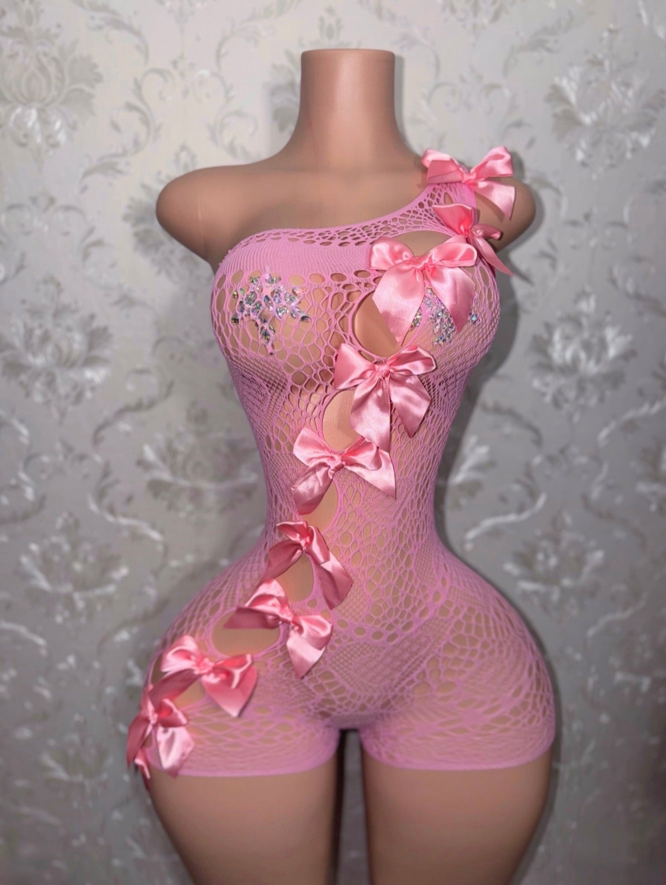 Jaidyn Kawaii Lace Fishnet Romper with Bows Fits XS-XL