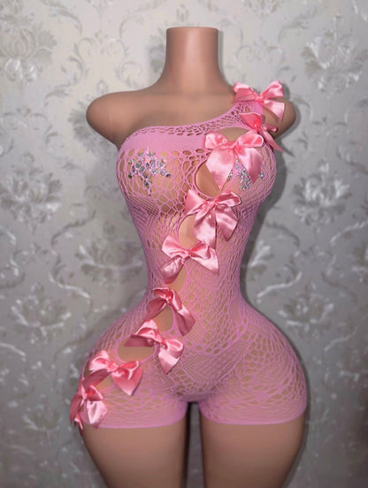 Jaidyn Kawaii Lace Fishnet Romper with Bows Fits XS-XL