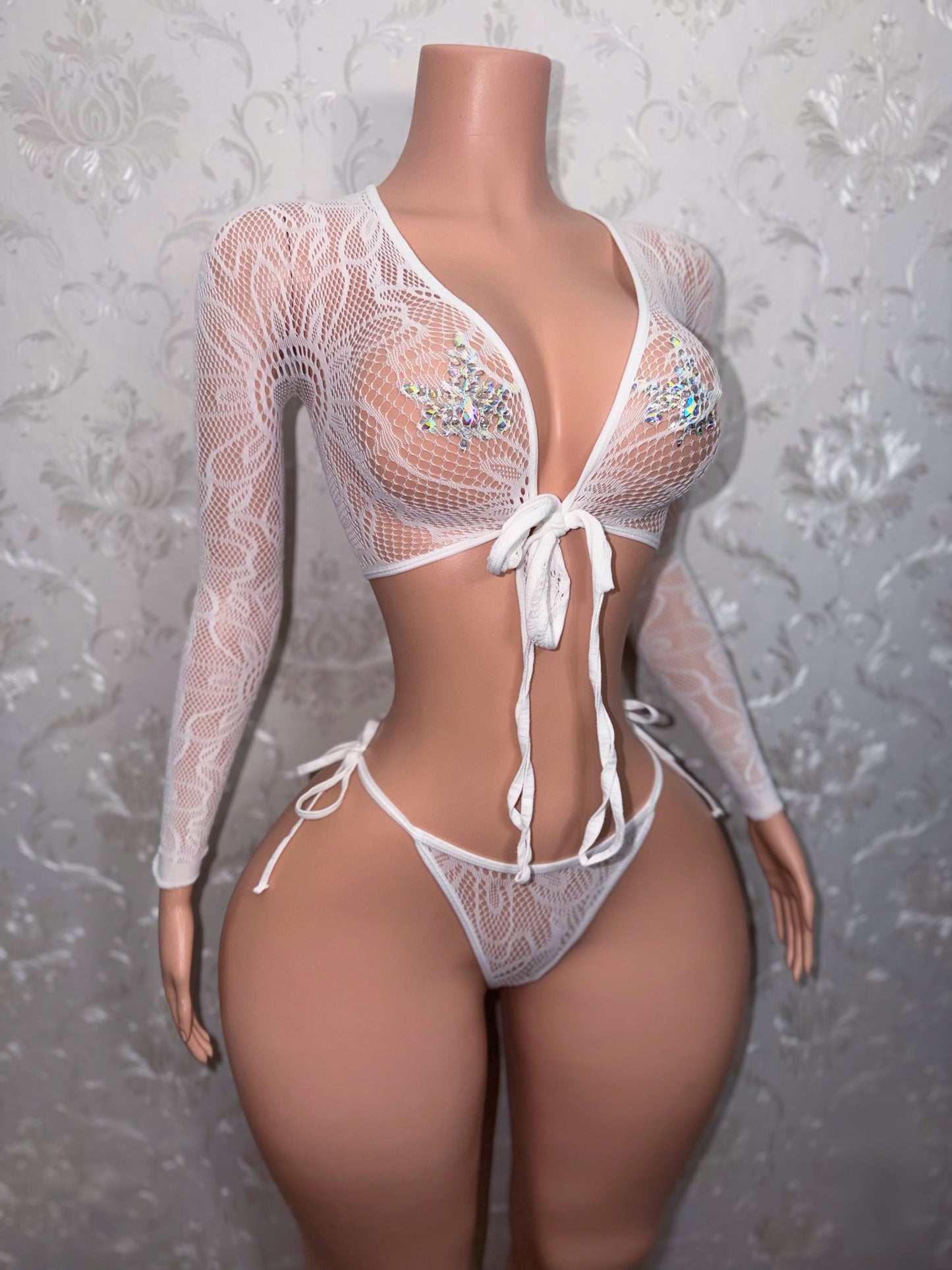 Venus Fishnet Criss Crossed Long Sleeve Top and Thong Fits XS-L