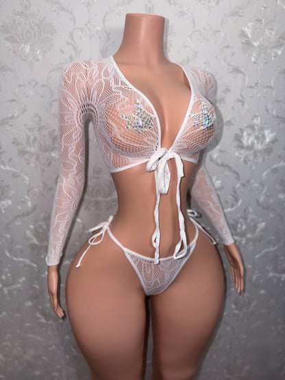 Venus Fishnet Criss Crossed Long Sleeve Top and Thong Fits XS-L