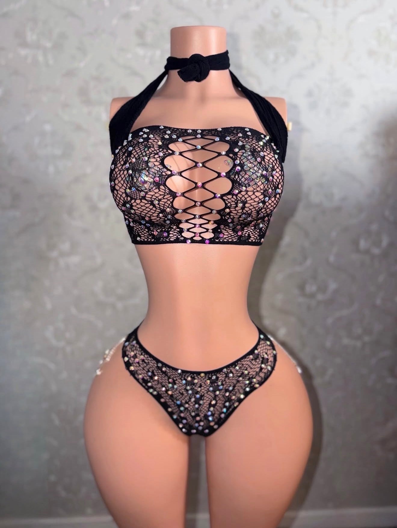 Riley Cheetah Fishnet Thong Set With Rhinestones Fits XS-L