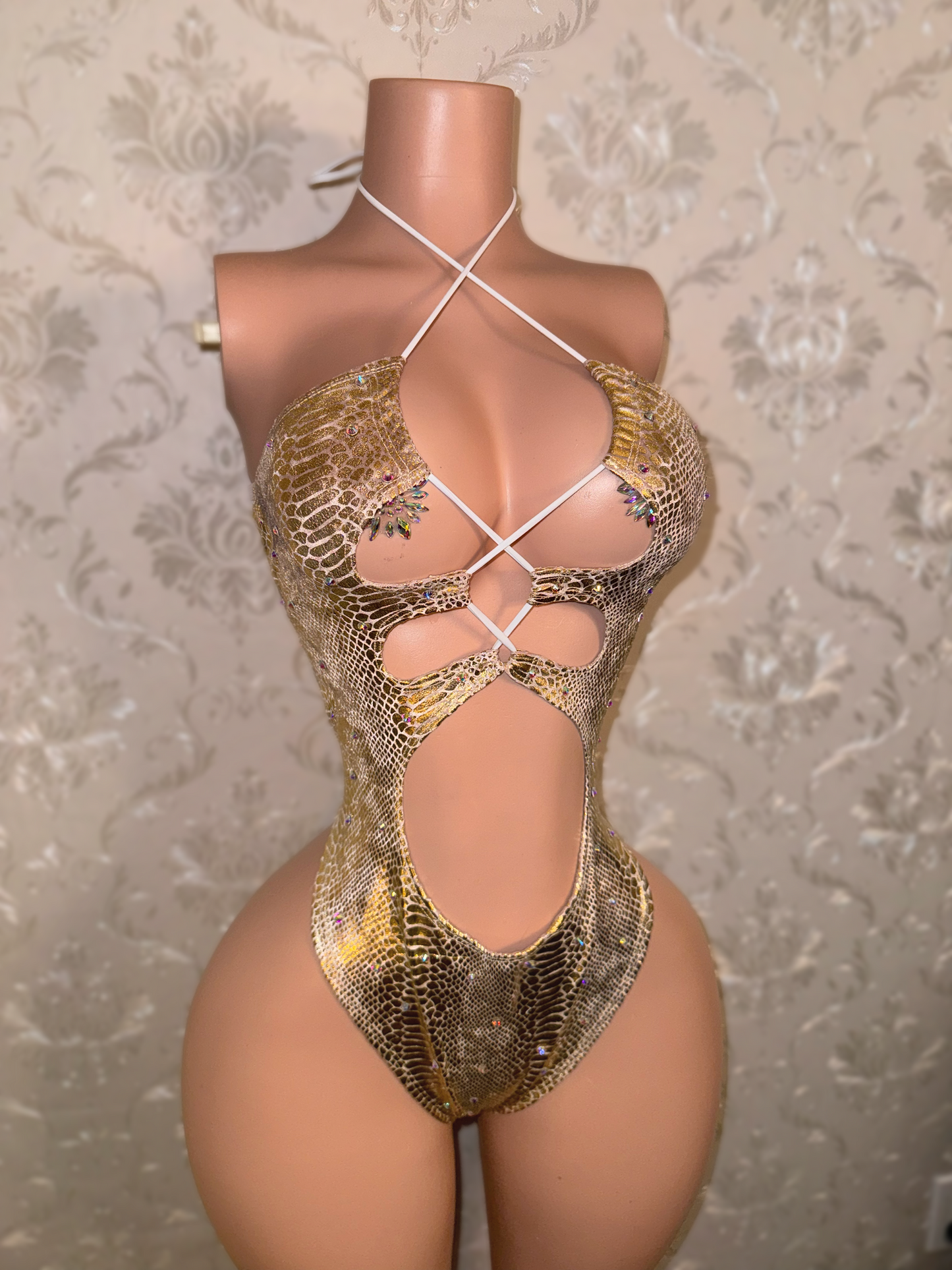 Athena — Gold Snakeskin One Piece with Rhinestones