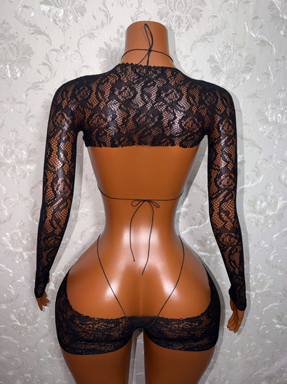 Suriyah Fishnet Cutoff Shorts Bikini and Shrug 4 Piece Set Fits XS-L