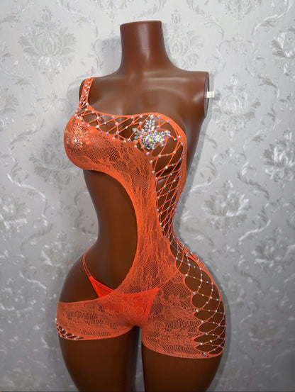 Orange Soda Lace Detail Cutout Fishnet Romper In Orange Fits XS-Lr