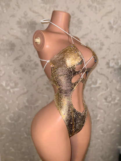 Athena — Gold Snakeskin One Piece with Rhinestones