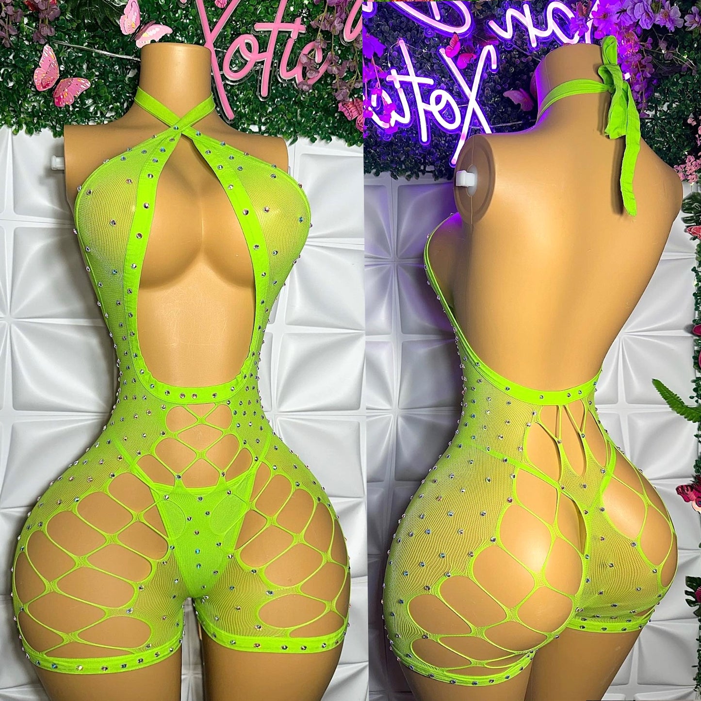 Dollas - Mesh Romper Set with Extra Rhinestones and Thong Fits XS-L