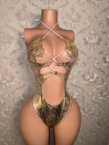 Athena — Gold Snakeskin One Piece with Rhinestones