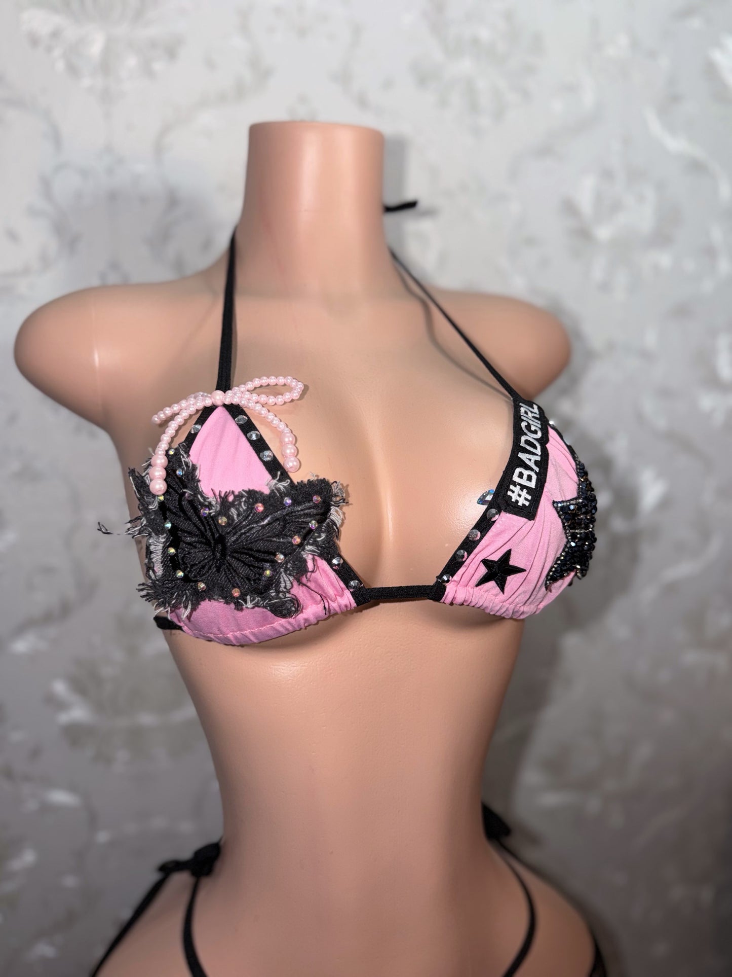 Bad To The Bone Alt Core Y2K Patchwork Bikini + Fishnet 4 Piece Set Fits S