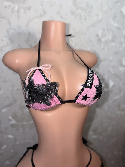 Bad To The Bone Alt Core Y2K Patchwork Bikini + Fishnet 4 Piece Set Fits S