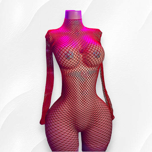 Lex Hollowed Out Long Sleeve Fishnet Romper Fits XS-M