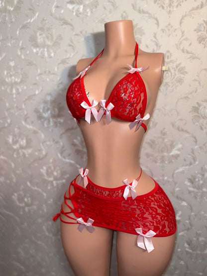 Cherry — Red 3 Piece Lace Skirt Set with Baby Pink Bows Fits XS-M