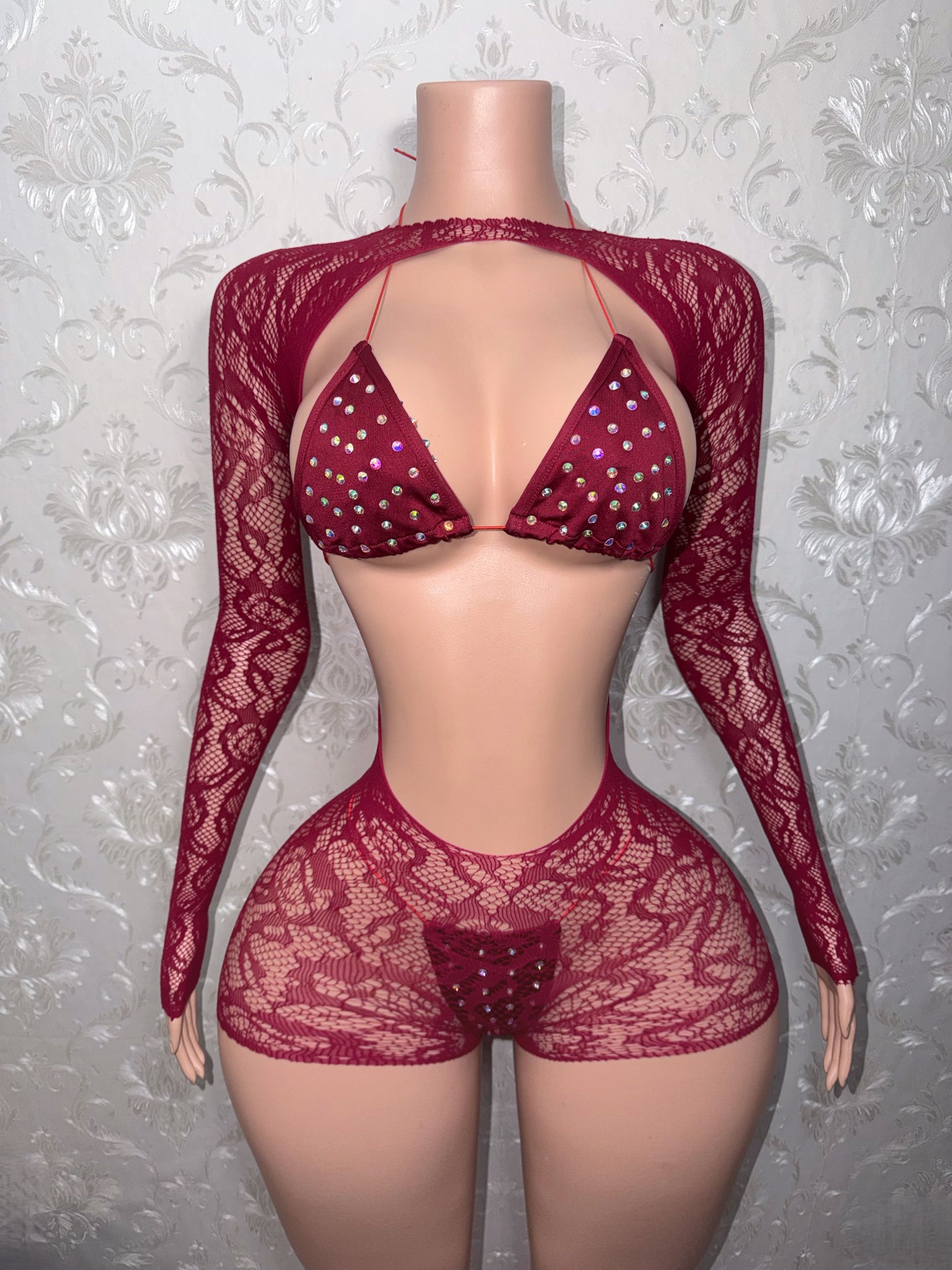 Sangria Suriyah Fishnet Romper With Bikini 3 Piece Set Fits XS-L
