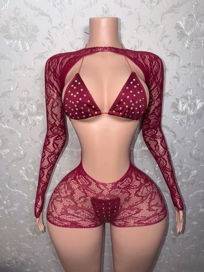 Sangria Suriyah Fishnet Romper With Bikini 3 Piece Set Fits XS-L