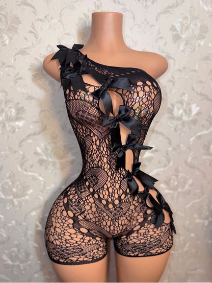Jaidyn Fishnet Asymmetrical Romper with Bows Fits XS-XL