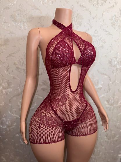 Mean Girl Rhinestone 3 Piece Fishnet Romper Bikini Set Fits XS-L