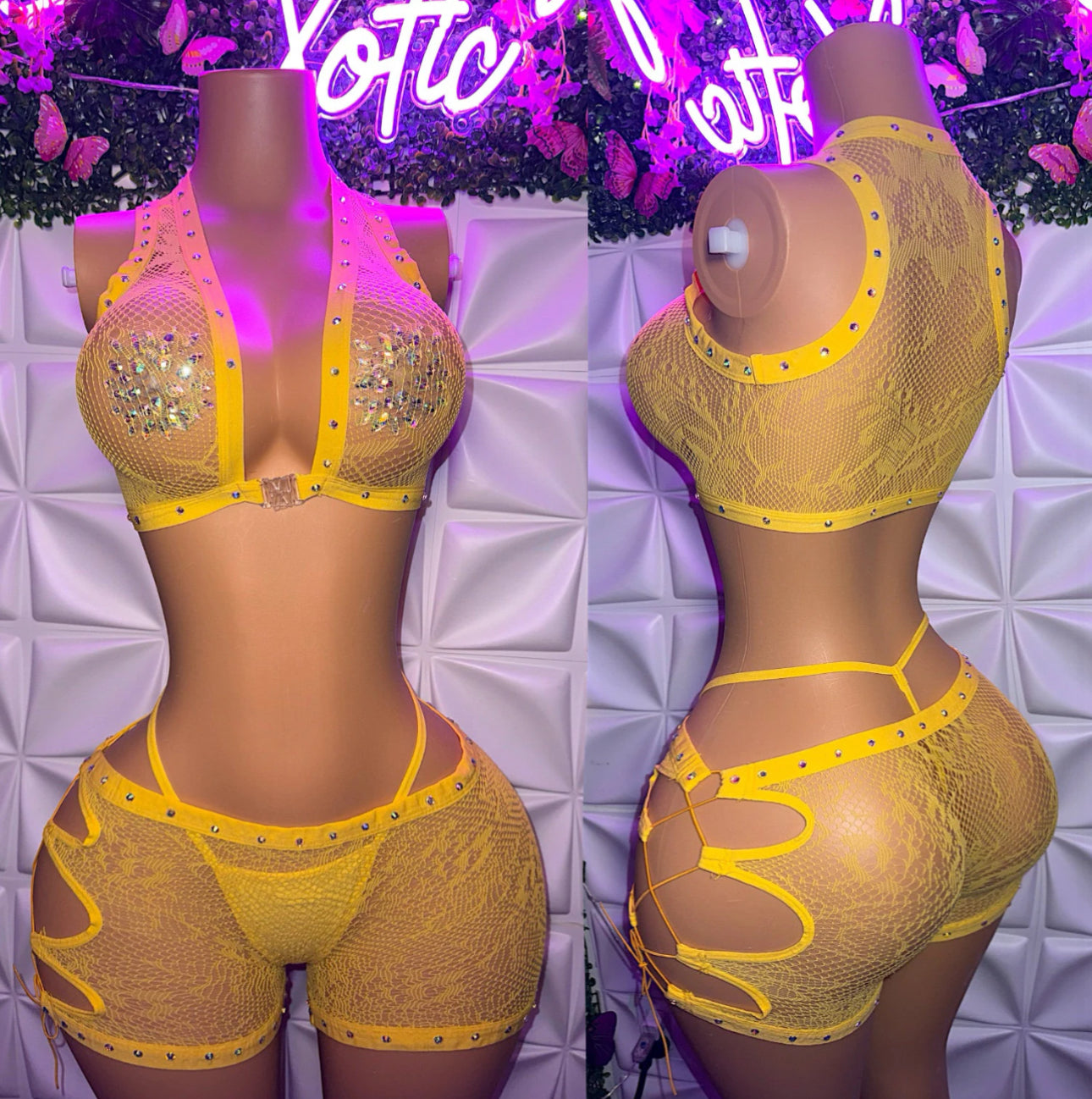 Ms. Daisy 🌼 — 3 Piece Lace Shorts Set and Thong with Rhinestones Fits S-L