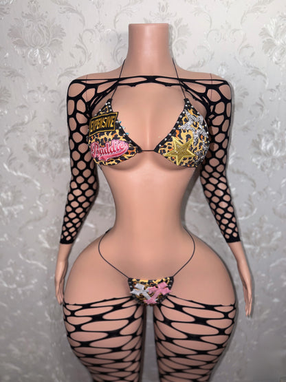 Expensive Baddie Custom Leopard 4 Piece Bikini & Fishnet Set Fits XS-XL