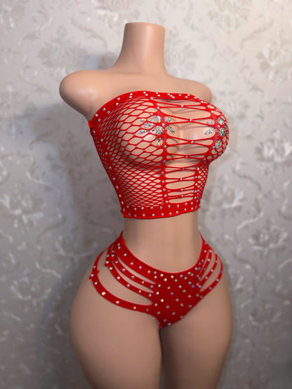 Natina Extra Rhinestones 2 Piece Cheeky Fishnet Set Fits All
