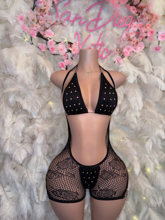 Plain Jane — Fishnet Hammock Shorts with Glittery Stones & Bikini 3 Piece Set Fits XS-L
