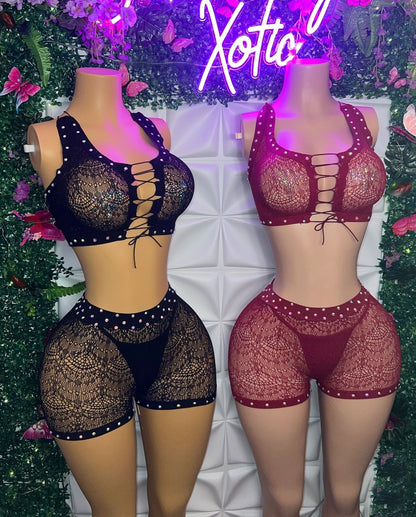 Showstopper — 3 Piece Fishnet Shorts Matching Set with Thong Fits XS-L