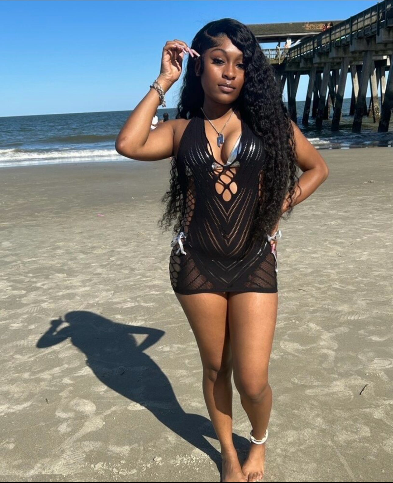 fishnet dress beach Fishnet Crochet Maxi Midi Dress Low Back Long Sleeve Scoop Neck Bikini Made4Walkin
