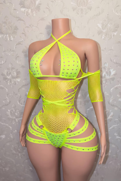 Georgia Peach + Teyana Fishnet Dress 3 Piece Set Fits S-L