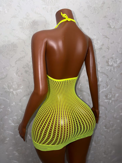 Serena Halter Lace Fishnet Hem Dress Fits XS-XL