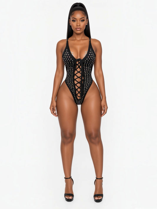 Industry Girl Rhinestone Lace Up One Piece Optional Fishnets Fits M-L