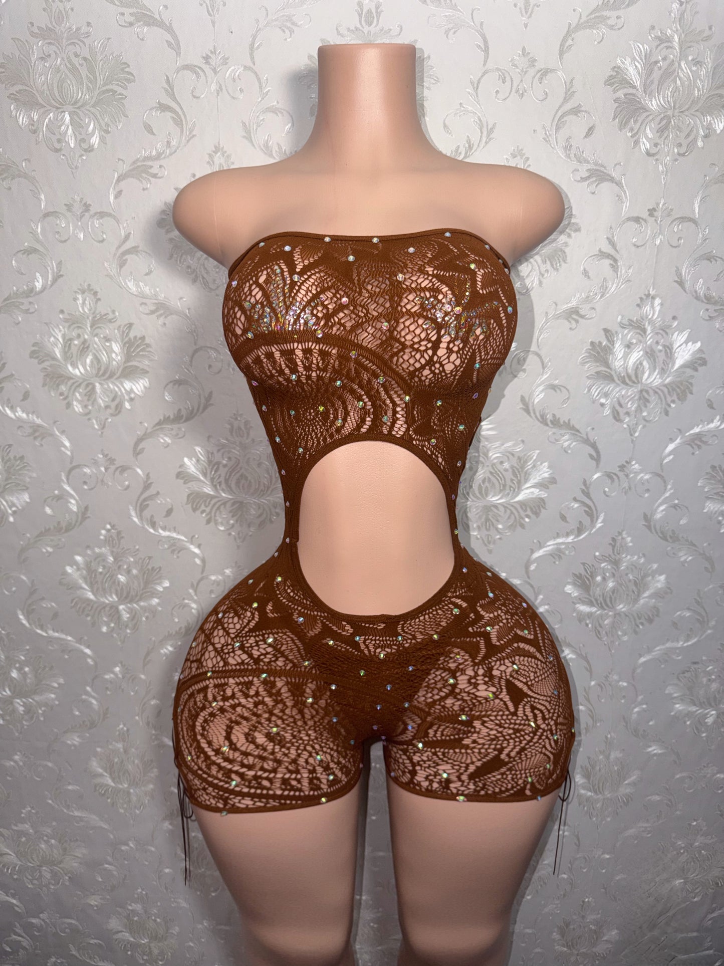 Mocha Brown Lace Fishnet Romper Set with Thong Fits Curvy M-XXL
