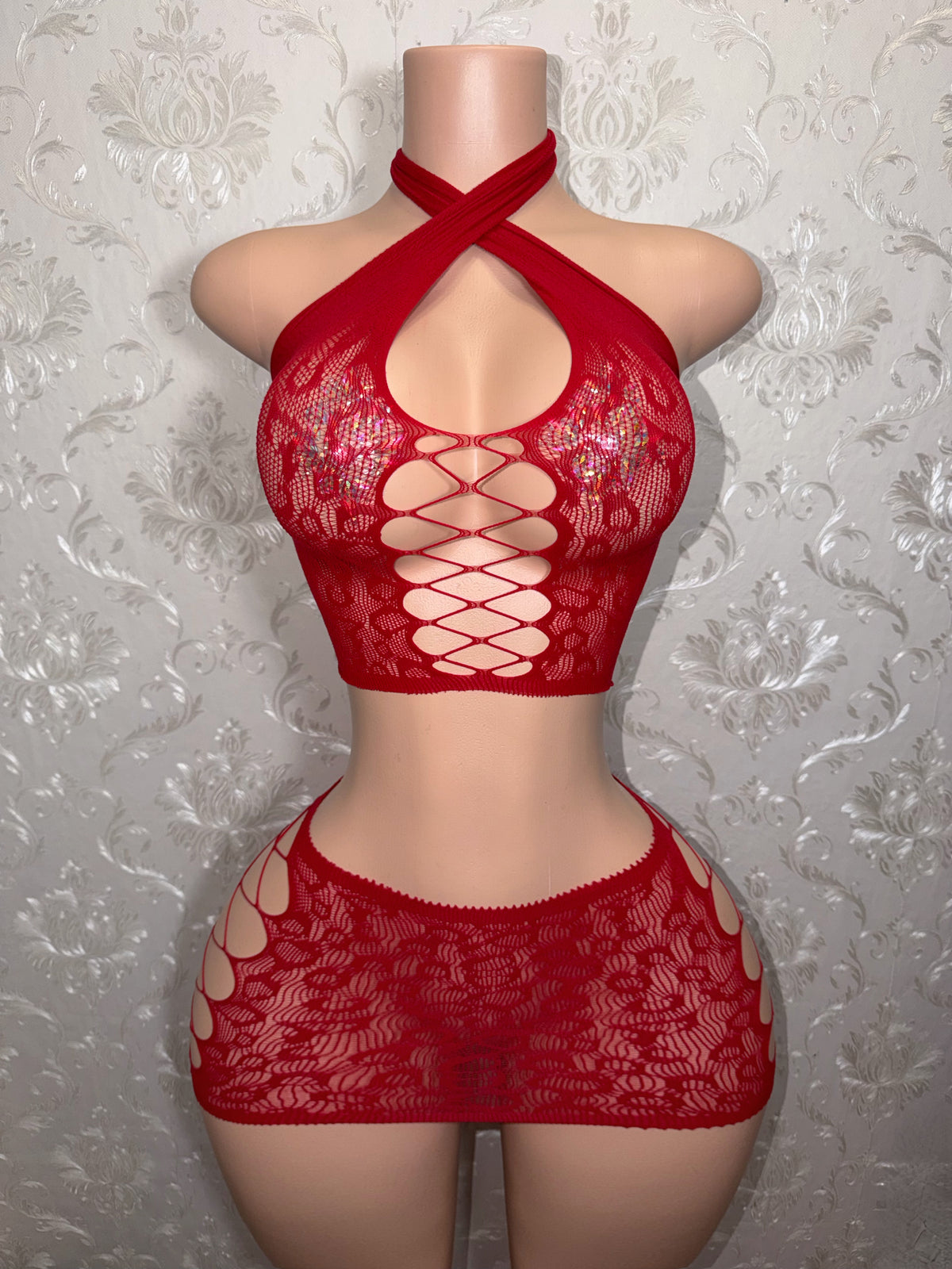 Luciana Cheetah Fishnet Long Sleeve & Mini Skirt 3 Piece Set Fits XS-L
